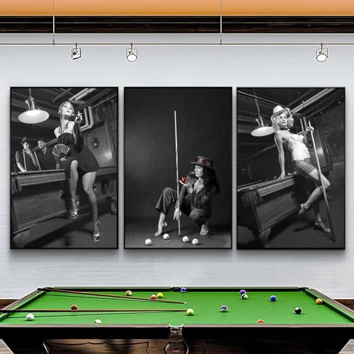 ZHUOYA Vintage Schwarz-Weiß-Billard-Poster, sexy Mädchen, dekorative Gemälde, Drucke, Leinwand, Wandkunst, Bilder, Zimmer, Bar, Dekor, 60 x 90 x 3 cm, rahmenlos