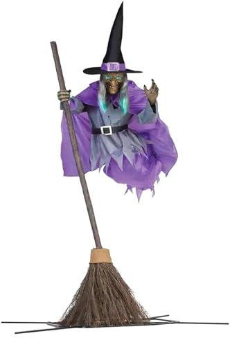Fliegende Hexe Als Halloween Dekoration, 6 Fuß Große Gruselige Hexe mit Besen, Halloween Requisiten mit Gruseligen Leuchtenden Augen und Geräuschen, Gruselige Halbkörperdekoration für Garten