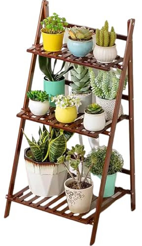Soporte plegable de 3 niveles para plantas de madera para interiores y exteriores, sala de estar, patio, decoración de color nogal, 19.7 pulgadas de altura
