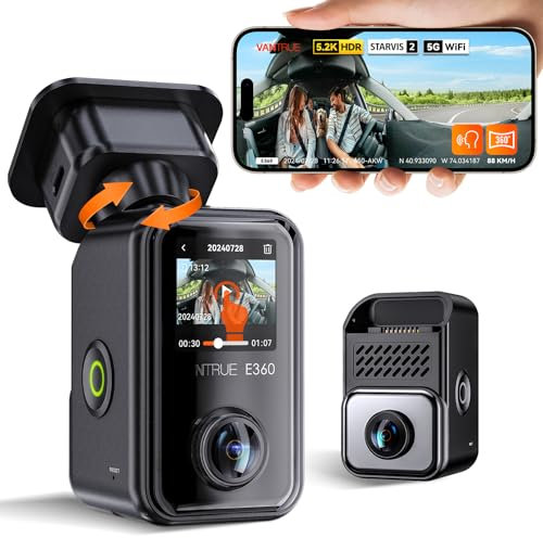 VANTRUE E360 5.2K Panorama Dashcam Auto Vorne Innen, Dual STARVIS 2 HDR 360° Dash Cam, 1.54″ Touchscreen Dasch-Cam mit WiFi App, GPS, Parkmodus, max. 1TB, Erweiterbar (Heckkamera/Tragehalterung)