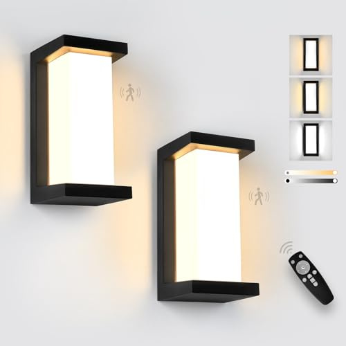 YindaLux Außenlampe mit Bewegungsmelder, Dimmbar mit Fernbedienung, Schwarz | IP65 Wasserdichte,18W Modern LED Wandlampe Innen/Außen, 3000-6500K, Außenleuchte für Garten, Terrasse, Eingang, 2 Stück