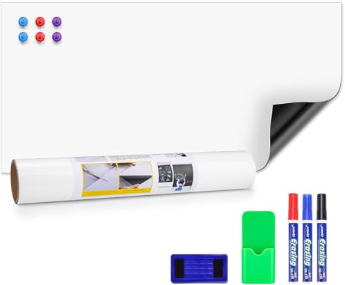 JEFURE Magnetische Whiteboard Folie, 45×90cm Magnetfolie Selbstklebend, Abwischbares Whiteboard Magnetisch mit Marker und Schwamm, DIY Magnettafel für Glatte Oberflächen in Schulen, Büros und Haus