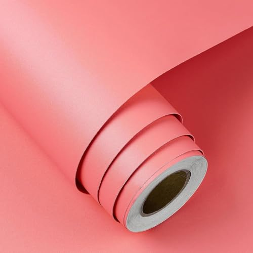 FunStick 40CM×6M Papier Peint Enfant Rose Corail Papier Peint Autocollant Mural Chambre Enfant Imperméable Papier Adhesif pour Meuble Cuisine Rose Papier Peint Mural Uni Vinyle Adhesif Rose Corail