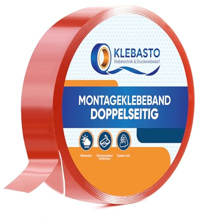 KLEBASTO Montageklebeband doppelseitig transparent | Rückstandsfrei entfernbar | Doppelseitiges Klebeband extra stark | 1mm dick in Profi Qualität (19mm x 5m)