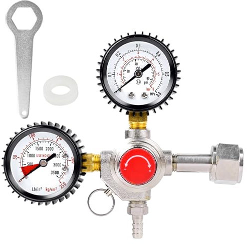 TICFOX Riduttore di pressione di CO2 per bevande, riduttore di pressione CO2, regolatore di pressione CO2, regolatore di pressione doppio manometro, riduttore di pressione con W 21,8 x 1/14 pollici