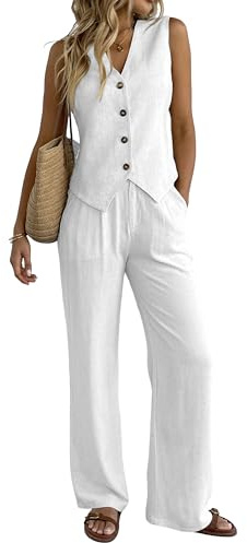 Tenues d'été 2 pièces en lin pour femme avec gilet et pantalon à jambes larges, ensemble de travail décontracté, blanc, Medium