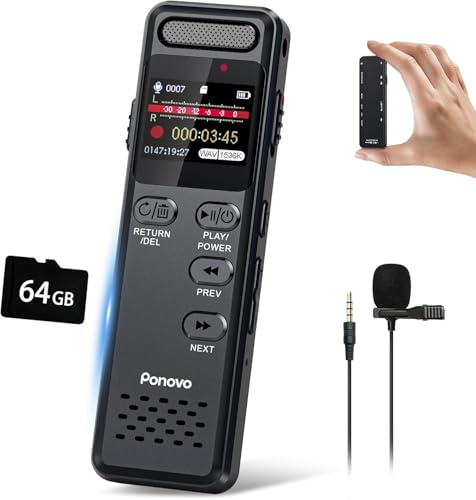 Voice Recorder 100H Continuous Recording, Ponovo 96GB Digital Voice Activated Recorder 1536Kbps HD Dual MIC Dictaphone, 1100mAh Mini Audio Recording Device with Password for Meeting Interview Class
