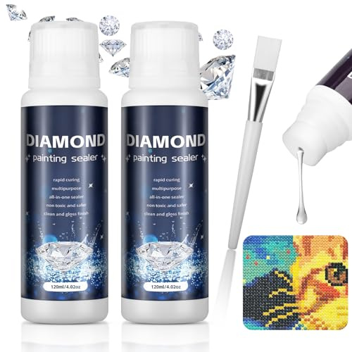 Diamond Painting Versiegelung, 2 Flaschen à 120 ml Transparenter Versiegelungskleber zum Fixieren und für mehr Glanz bei Diamantmalereien, mit 1 Pinsel
