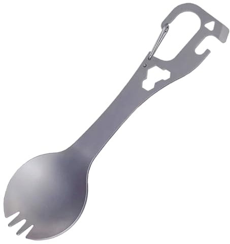 YUOIUX Utensilio de camping de acero inoxidable con cuchara, tenedor, abrebotellas, 5 en 1, multifuncional, utensilios de camping