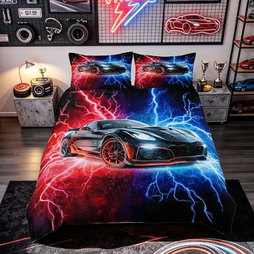 Homemissing Extreme Sport Thema Junge Bettwäsche Set 135x200cm Teenager Kinder Auto Betten Atmungsaktiv Sportwagen Bettwäsche-Set Rennwagen Bettbezug Rot Blau