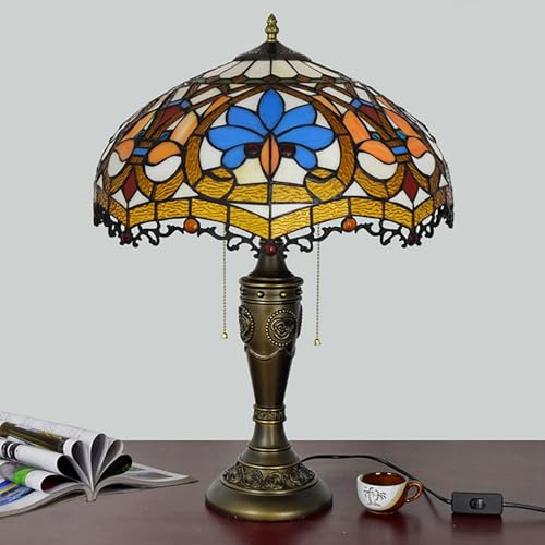 Dualbao 12 '' Lampe De Table Baroque Bleu Ambre, 16 '' Beige Orange Verre Tiffany Lampe De Table Veilleuse Vintage pour Amant Salon Chambre Chevet Table De Chevet Bureau À Domicile Famille,16‘’