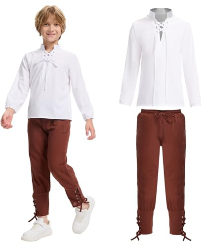 MVFEUIJ Ensemble de costume médiéval pour enfant, costume Renaissance médiéval, chemise à lacets viking pour enfant, costume Halloween pour cosplay, mascarade, magicien (Blanc + Marron, 130(7-8))
