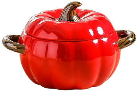 Casseruola in ceramica a forma di zucca, adorabile ciotola di zucca, antiaderente, con coperchio, utensili da cucina in porcellana, stoviglie di ringraziamento di Halloween (rosso)