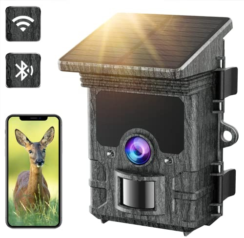 VOOPEAK Wildkamera Solar WLAN 4K 46MP, Bluetooth Wildtierkamera mit Bewegungsmelder Nachtsicht, Wildkamera Handyübertragung Wiederaufladbar IR 0,1s Schnelle Auslöser 120° Weitwinkel IP66 wasserdichte