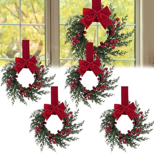 Mini-Weihnachtskränze für Schränke, 25,4 cm Weihnachts-Küchenschrank-Kranz mit realistischer Haptik, mit Schleifenband, rote Beeren, für Weihnachten, Haustür, Fenster, Stuhl, Kamin, Tisch, Säule