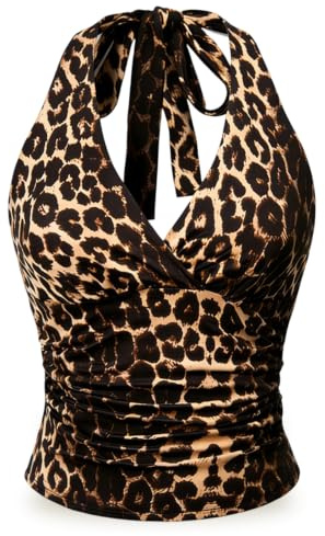 VorErgyllic Women's Leopard Print Crop Top | Ruched Backless Halter Neck TieTop with Lace Trim | Sexy Grunge Punk Y2K Cami for Party, Club & Night Out