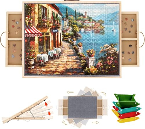 Celosia 2 in 1 Rotating Puzzle Board with Drawers, 35×27 1500 Piece Jigsaw Puzzle Board with Protective Cover & 4 Wheels, 4 Puzzle Sorting Trays, Puzzle Table for Puzzles Lovers