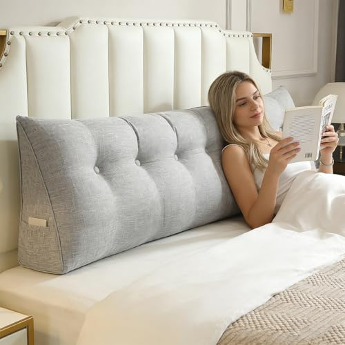 Belfoyer XXL Rückenkissen, Lesekissen für Bett und Sofa – 200 cm mit Seitenfach, atmungsaktiver Baumwoll-Leinen-Mix, stützt Rücken & Nacken, rutschfest, für 4-5 Personen, Hellgrau