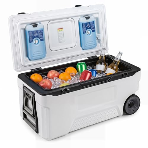 COSTWAY kylbox, stor termolåda av plast med hjul och handtag, isoleringslåda med dräneringsplugg, mugghållare och säkerhetslås, bärbart kylskåp för camping och picknick (vit, 70 l)