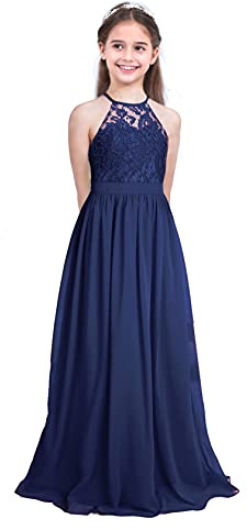 iiniim Robe De Cérémonie Mariage Enfant Fille Halter Princesse Robe De Soirée Cocktail Fête Élégante Robes Demoiselle d'honneur 4-16 Ans Bleu Marin 12 Ans