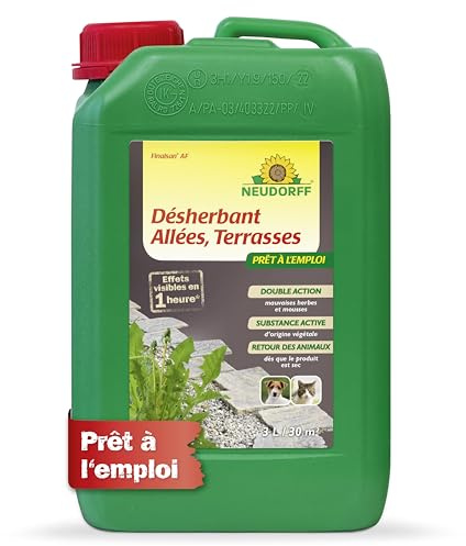 Neudorff Finalsan Désherbant Allées, Terrasses 3 L – Combat les mauvaises herbes et la mousse telles que les pissenlits. Sans glyphosate, prêt à l'emploi