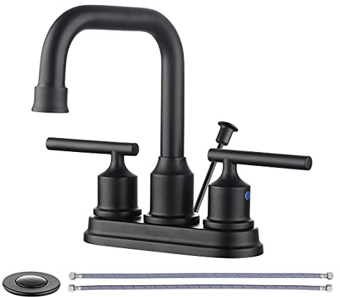 WOWOW Bathroom Faucet Black 4 inch Bathroom Sink Faucet Centerset Lift Rod Drain Stopper 2 Handle Lavatory Vanity Tap High Arc Modern