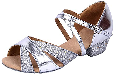 missfiona Mädchen Latein Tanzschuhe Kinder Glitzer Salsa Ballsaal Schuhe mit Leder Sohle(31 EU, Silber)
