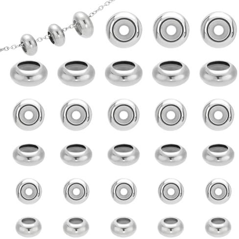 PandaHall 30pcs Edelstahl-Gleitperlen, 6mm 8mm 10mm Slider Clasps Stopper Perlen Mit Gummi Innen Für DIY Europäische Armbänder Halsketten Schmuckherstellung