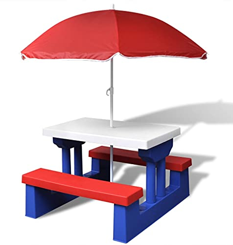 TEWTX7 Kinder-Picknicktisch, Kindersitzgruppe mit Sonnenschirm Mehrfarbig Picknickset Tisch Bänke Sitzgruppe Kindermöbel Gartenmöbel Draußen