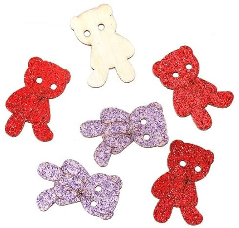 SiAura Material - 10 Stück Holzknöpfe Bär Form mit Glitzer 20x30 mm, zufällig gemischt, 2 Löcher I Zum Nähen, Basteln und Dekorieren