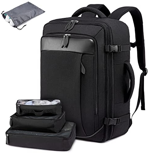 LOVEVOOK Handgepäck Reiserucksack, Erweiterbarer Rucksack Flugzeug, Große Laptop Travel Backpack für 17 Zoll Damen Herren, Flug Genehmigt Daypack für Reisen Weekender, Schwarz