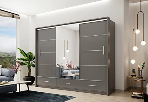 ML Furniture Marsylia Schiebeschrank 255 cm mit Spiegel, Kleiderschrank Schlafzimmer, Wohnzimmer- 255 x 225 x 61 Farbe: Graphite, Schwebetürenschrank mit 2 Kleiderstangen und 3 Schubladen