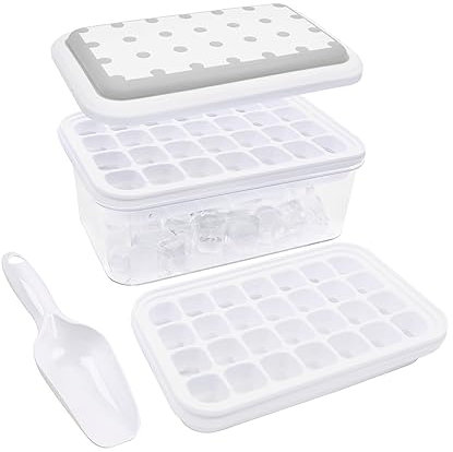 TopHomer Eiswürfelform mit Deckel & Eisbox, 56 Stücke Wiederverwendbare Eiswürfel Maker, BPA Frei Silikon Eiswürfelbehälter für Gekühlte Getränke, mit 2 Eis Tablett & Eisbox & Schaufel (Grau)