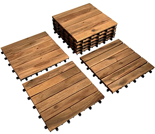 Hossi's Wholesale | Balkon Bodenbelag 30 × 30cm | Akazien goldenes Teakholz | Patio & Balkon Boden | 40 FLIESEN = 3,6m² | Terassenboden außen | Holzfliesen Balkon