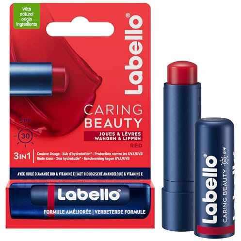 LABELLO Caring Beauty Rouge FPS 30 (1 x 5,5 ml), Stick à lèvres au beurre de karité et huile d’amande, Baume à lèvres à la couleur rouge vibrante pour 24 H d’hydratation
