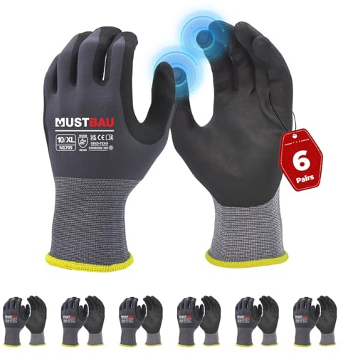 Mustbau Arbeitshandschuhe Schwarz mit Touchscreen, Arbeitshandschuhe Herren mit Nitril Beschichtung für Montagearbeit，Mechaniker, Gartenarbeit und Bauarbeiten, Gr. XL, 6 Paare