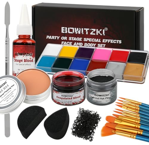 Bowitzki Halloween Makeup Special Effects Oil Face Body Paint Fake Blood Scar Wax Charred Ash Powder with Sponges Brush Halloween Party SFX Cosplay
