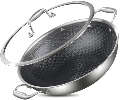 DELARLO Wok de acero inoxidable de tres capas de 13 pulgadas antiadherente con tapa, sartenes para freír, olla de inducción de 5.5 cuartos de galón, woks grandes, compatible con todas las cocinas de