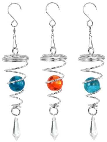 PATIKIL Gazing Kugel Spirale Ende 8 1 Kristallglas Kugel Vielfarbig | 1 Set/3Stk, Dekorative Windräder, Mit Hänger Drehhaken, Für Innen Außen Garten Dekoration