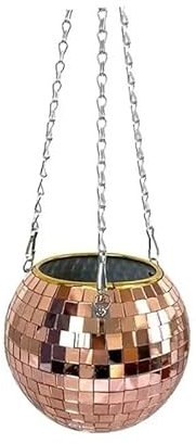 Disco Ball Hanging Flower Pot For Indoor Plants Bohemian Style Flower Planter Pots Rope Mirror Hanging Basket Garden Decor Vase (Color : Rose gold, Size : 20cm)