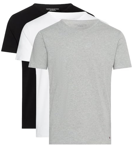 Tommy Hilfiger Camisetas de Manga Corta Pack de 3 Hombre Stretch con Cuello Redondo, Multicolor (Black/White/Grey Heather), XXL