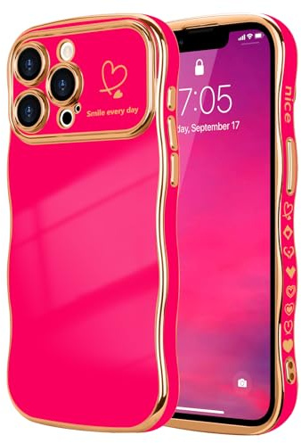 LCHULLE for iPhone 13 Pro Max Case Cute for Women Girls Wavy, Hot Pink | Luxury Plating Curly Wave Shape Frame with Love Heart Pattern, Raised Camera Protection Back Cover Shockproof Phone Case