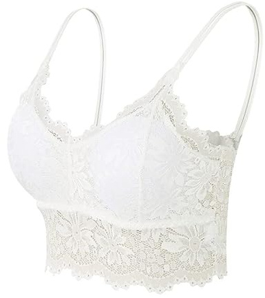 Spitzen-Bralette für Damen Sexy V-Ausschnitt Comfort Bra Durchsichtige BHS aus einfarbiger Spitze Bandeau-BH ohne Bügel (Weiss,S)