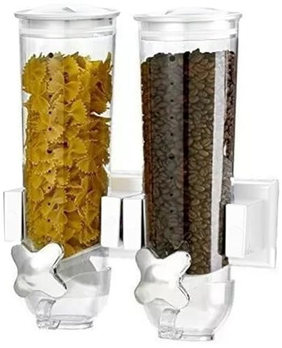 BAKAJI Dispensador de cereales doble de pared, dispensador de dos montaje en pared, dispensador para alimentos secos, caramelos, copos de maíz, nueces, tapa extraíble con cierre hermético (blanco)