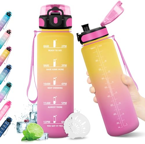 KollyKolla Vattenflaska, 350ml/500ml/800ml/1L/1,5L, vattenflaska med tidsmarkeringar och filter, BPA-fri läckagesäker sportflaska, kolsyra, lämplig för barn, skola, baby, cykel, fitness