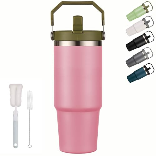 XIXIAMI resemugg med handtag 900 ml–3,8 dl isolerad tumlare med sugrör och lock läckagesäker kaffemugg för varm eller isdryck | rostfritt stål termoskopp – rosa