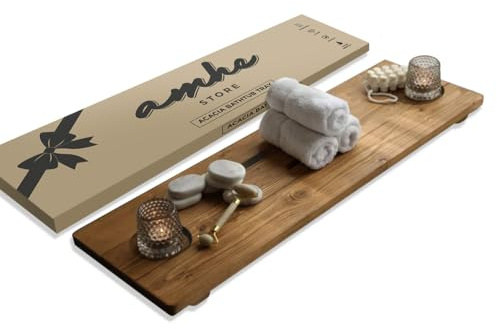 Amhe Store! Luxury Rustic Acacia Wood. Durable, Water-Resistant, Minimalistic, Adjustable 35x9 Inches. Lovely Gift - Box. Bath Tub Tray Wood - Bath Tray for Tub. Unique Natural Grain for Relaxation