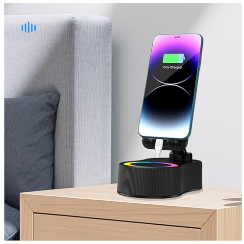 Handy-Ständer mit kabellosem Bluetooth-Lautsprecher und Ladegerät und buntem Umgebungslicht, HD-Surround-Sound mit Handys, Tablets, cooles Gadget für Herren, Schwarz