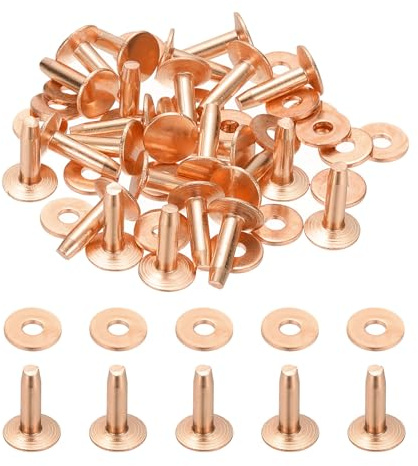 PATIKIL Remaches y rebabas de cuero de 9 x 3, 3 x 12 mm cierres de cobre | 100 juegos de Remaches y arandelas de cuero, pernos prisioneros metálicos, artesanías collares y manualidades.