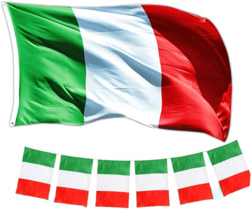 GUSTO Set Bandera Italia 90 x 150 cm con Ojales y 1 Guirnalda Tricolor | 20 Banderas 14 x 21 cm, Resistente, Azul Nacional, Fiesta